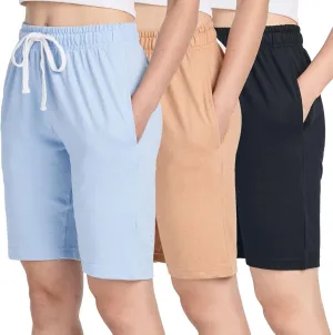 Real Essentials 3 Pack: Womens Cotton Terry Jersey 9" Bermuda Shorts Pockets-Casual Lounge Yoga (Available in Plus Size)