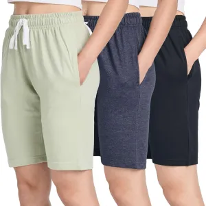 Real Essentials 3 Pack: Womens Cotton Terry Jersey 9" Bermuda Shorts Pockets-Casual Lounge Yoga (Available in Plus Size)
