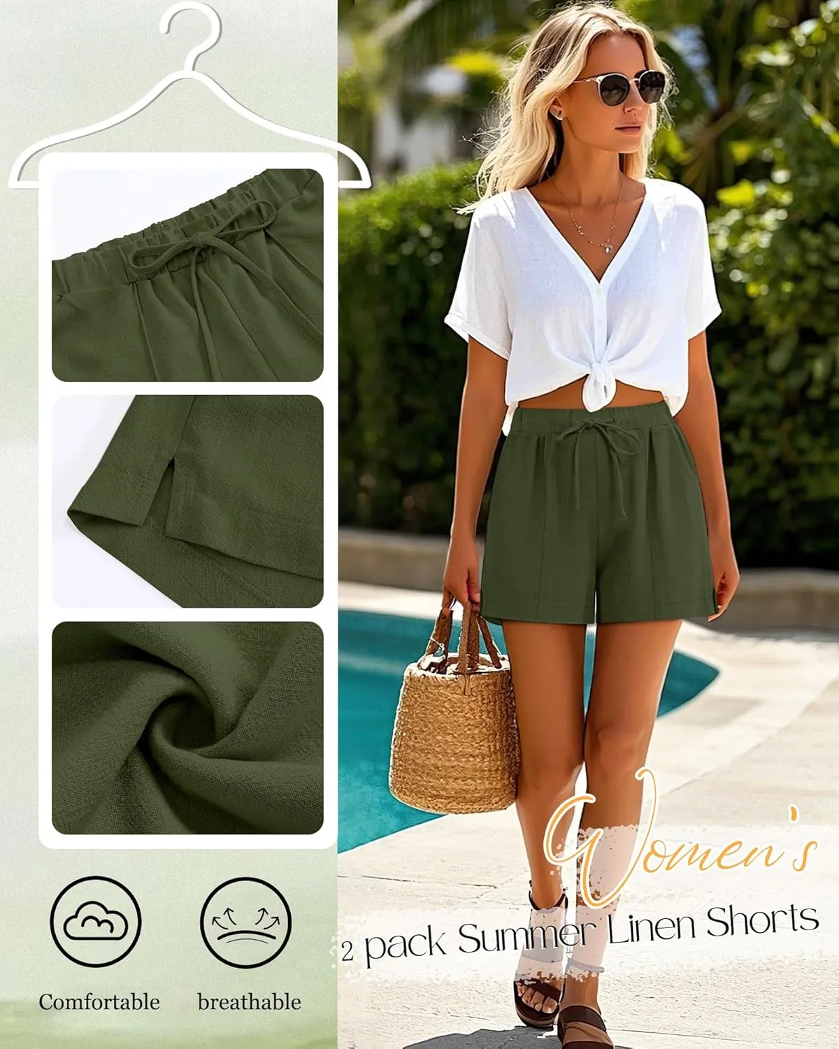 Riyiper 2 Pack Casual Linen Shorts for Women, Drawstring Elastic Waist Split Side Summer Line Comfy Lounge Short with Pocket