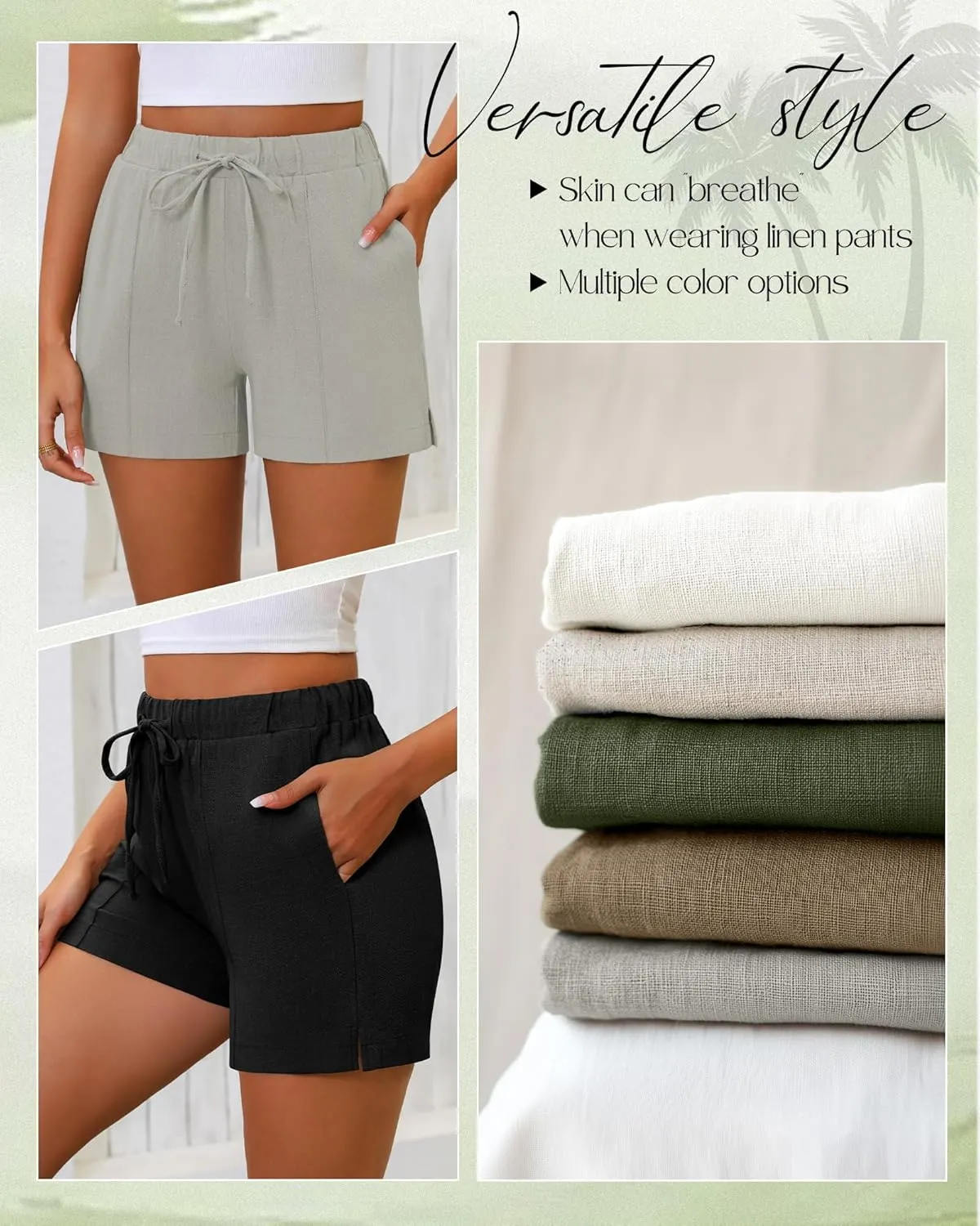 Riyiper 2 Pack Casual Linen Shorts for Women, Drawstring Elastic Waist Split Side Summer Line Comfy Lounge Short with Pocket