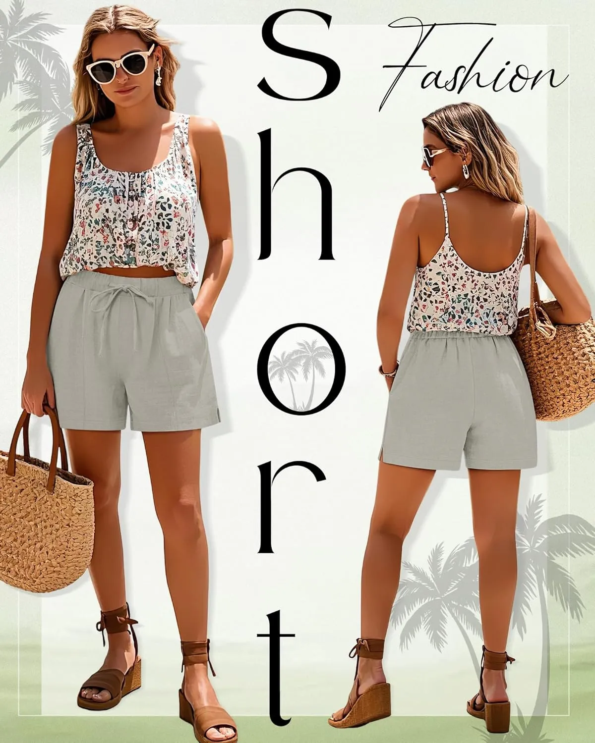Riyiper 2 Pack Casual Linen Shorts for Women, Drawstring Elastic Waist Split Side Summer Line Comfy Lounge Short with Pocket