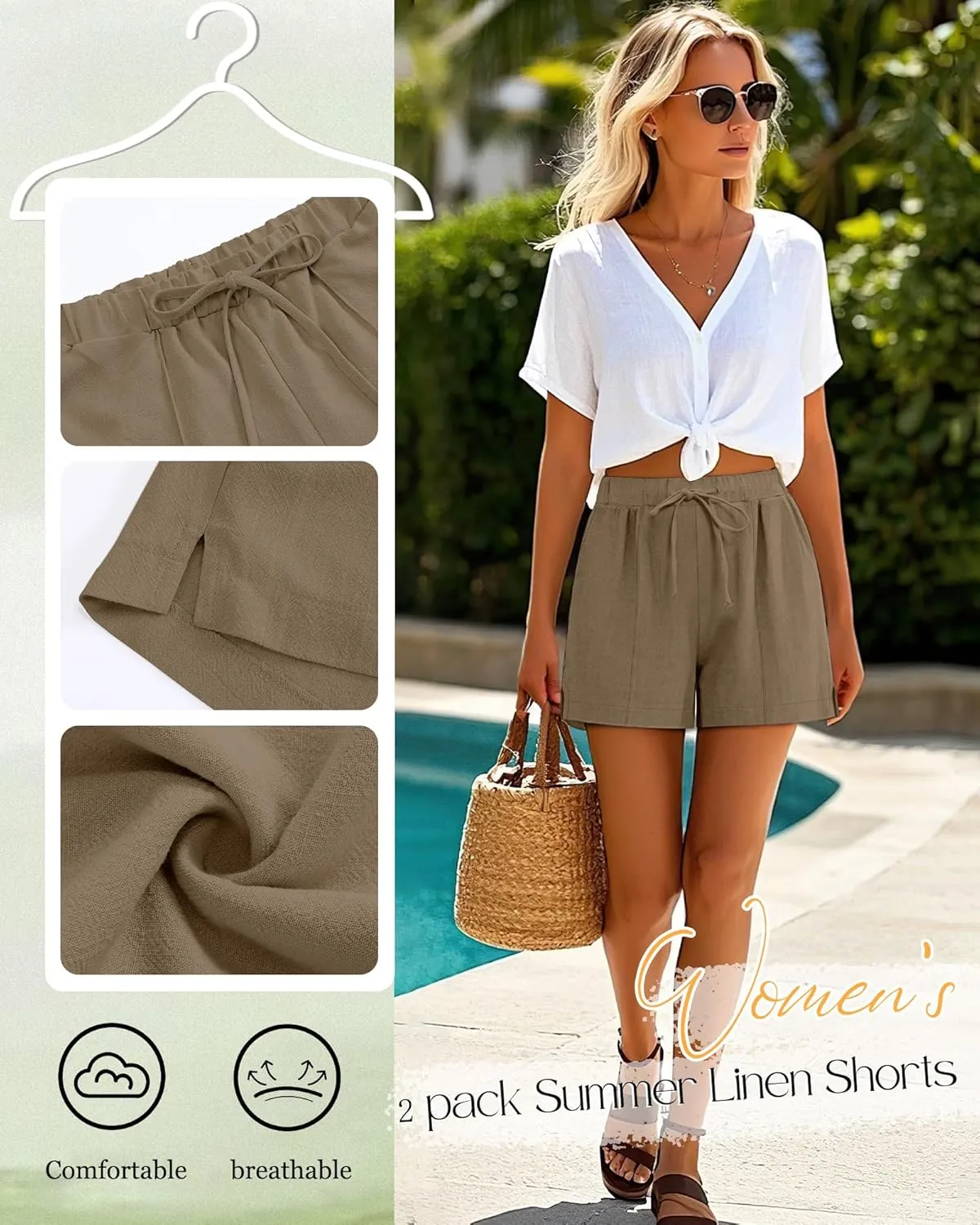 Riyiper 2 Pack Casual Linen Shorts for Women, Drawstring Elastic Waist Split Side Summer Line Comfy Lounge Short with Pocket