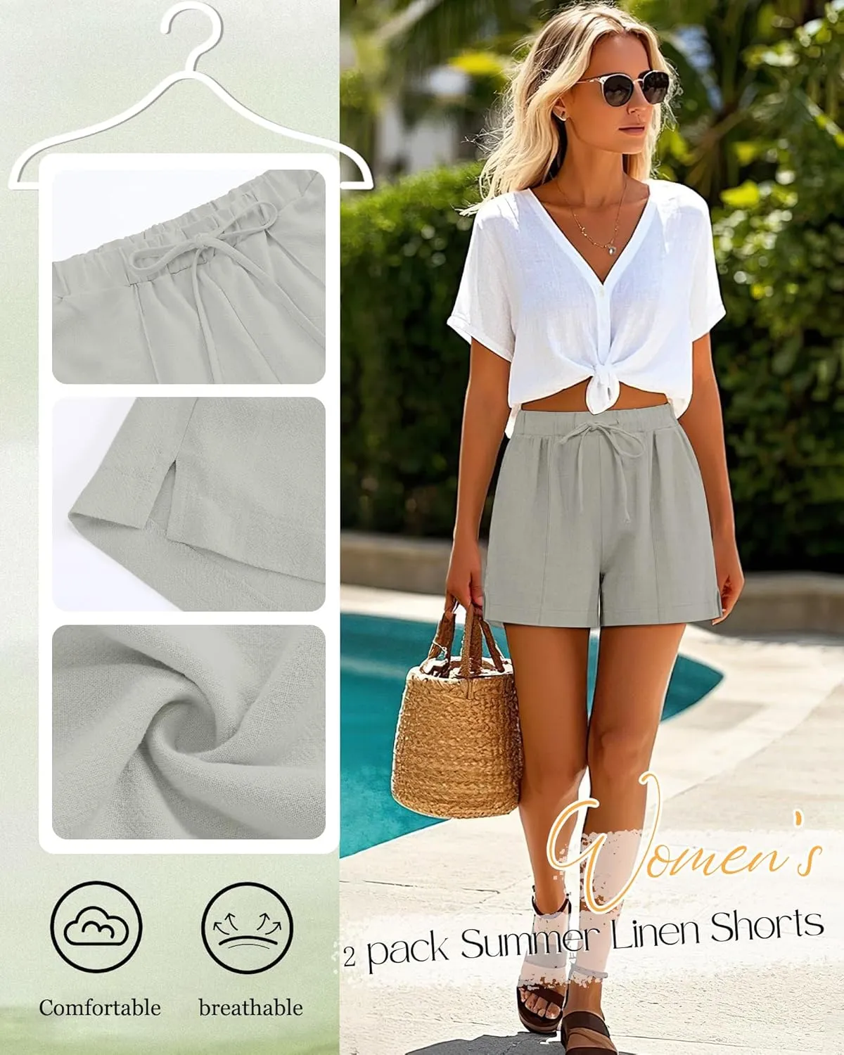 Riyiper 2 Pack Casual Linen Shorts for Women, Drawstring Elastic Waist Split Side Summer Line Comfy Lounge Short with Pocket