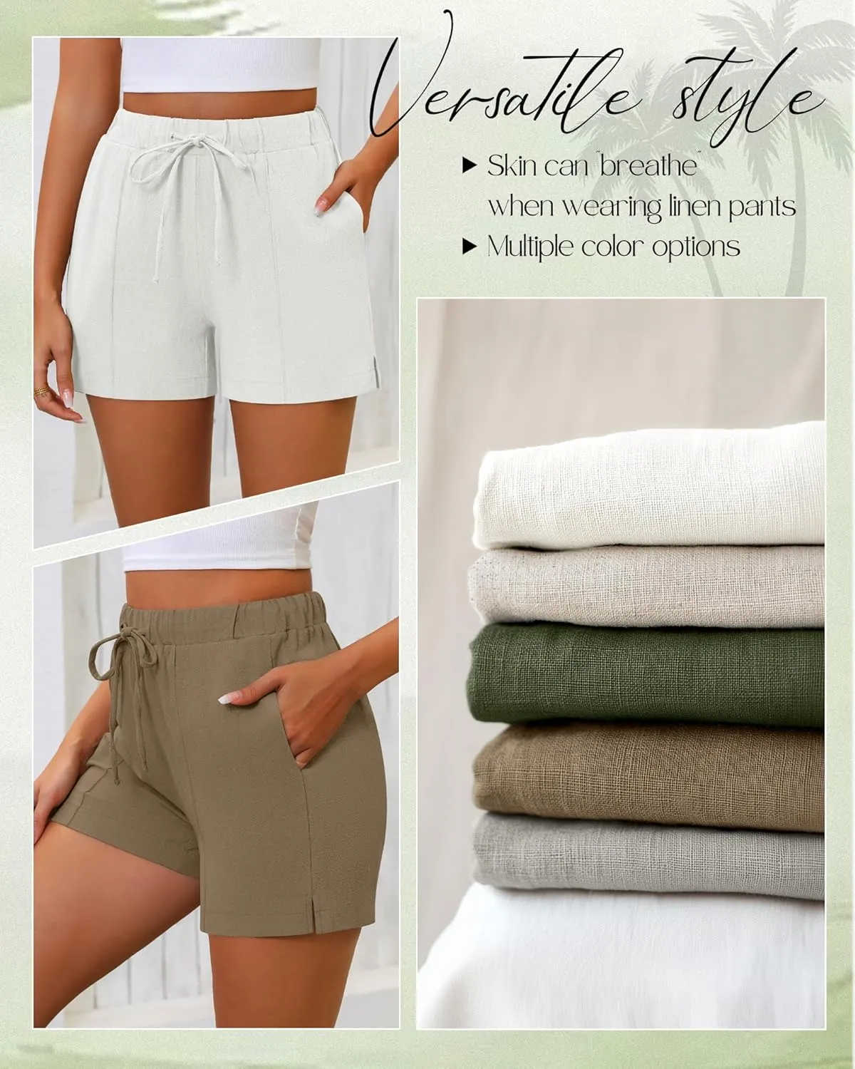 Riyiper 2 Pack Casual Linen Shorts for Women, Drawstring Elastic Waist Split Side Summer Line Comfy Lounge Short with Pocket