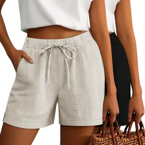 Riyiper 2 Pack Casual Linen Shorts for Women, Drawstring Elastic Waist Split Side Summer Line Comfy Lounge Short with Pocket
