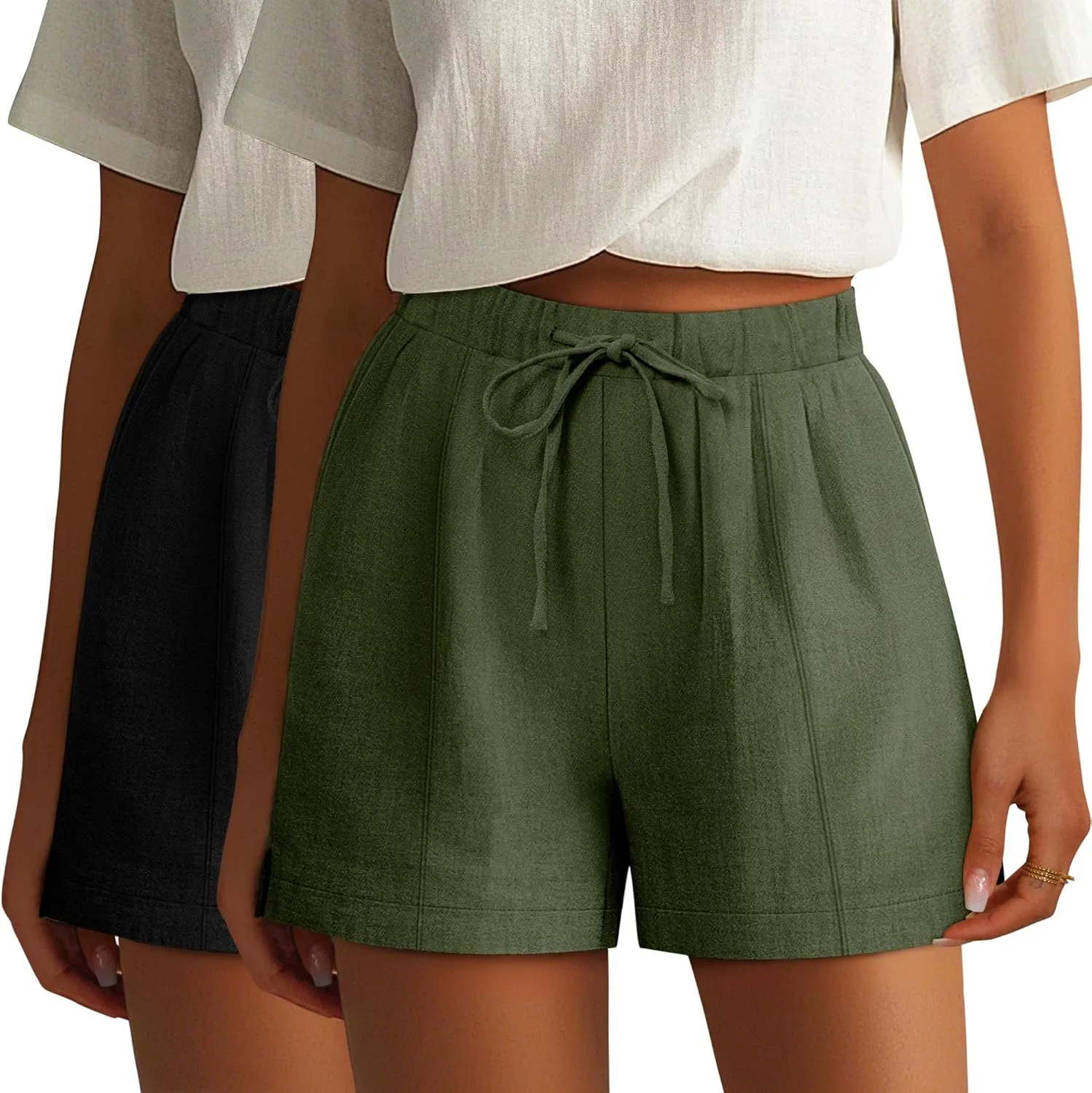 Riyiper 2 Pack Casual Linen Shorts for Women, Drawstring Elastic Waist Split Side Summer Line Comfy Lounge Short with Pocket
