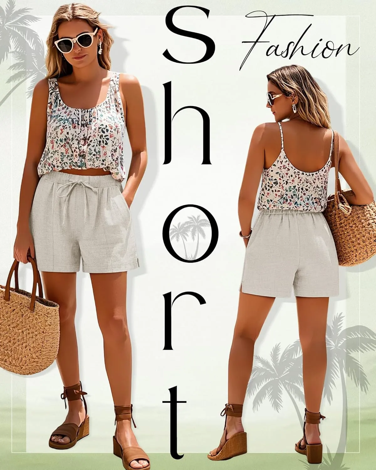 Riyiper 2 Pack Casual Linen Shorts for Women, Drawstring Elastic Waist Split Side Summer Line Comfy Lounge Short with Pocket
