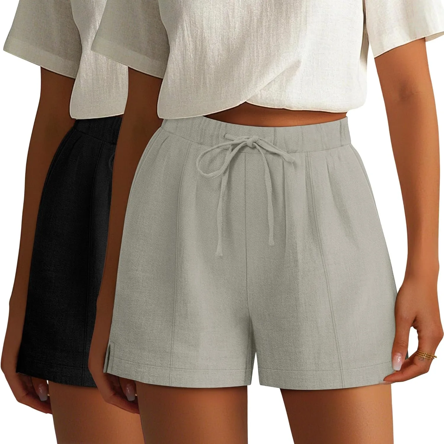 Riyiper 2 Pack Casual Linen Shorts for Women, Drawstring Elastic Waist Split Side Summer Line Comfy Lounge Short with Pocket