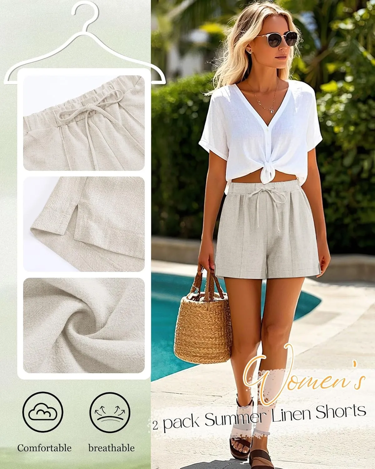 Riyiper 2 Pack Casual Linen Shorts for Women, Drawstring Elastic Waist Split Side Summer Line Comfy Lounge Short with Pocket