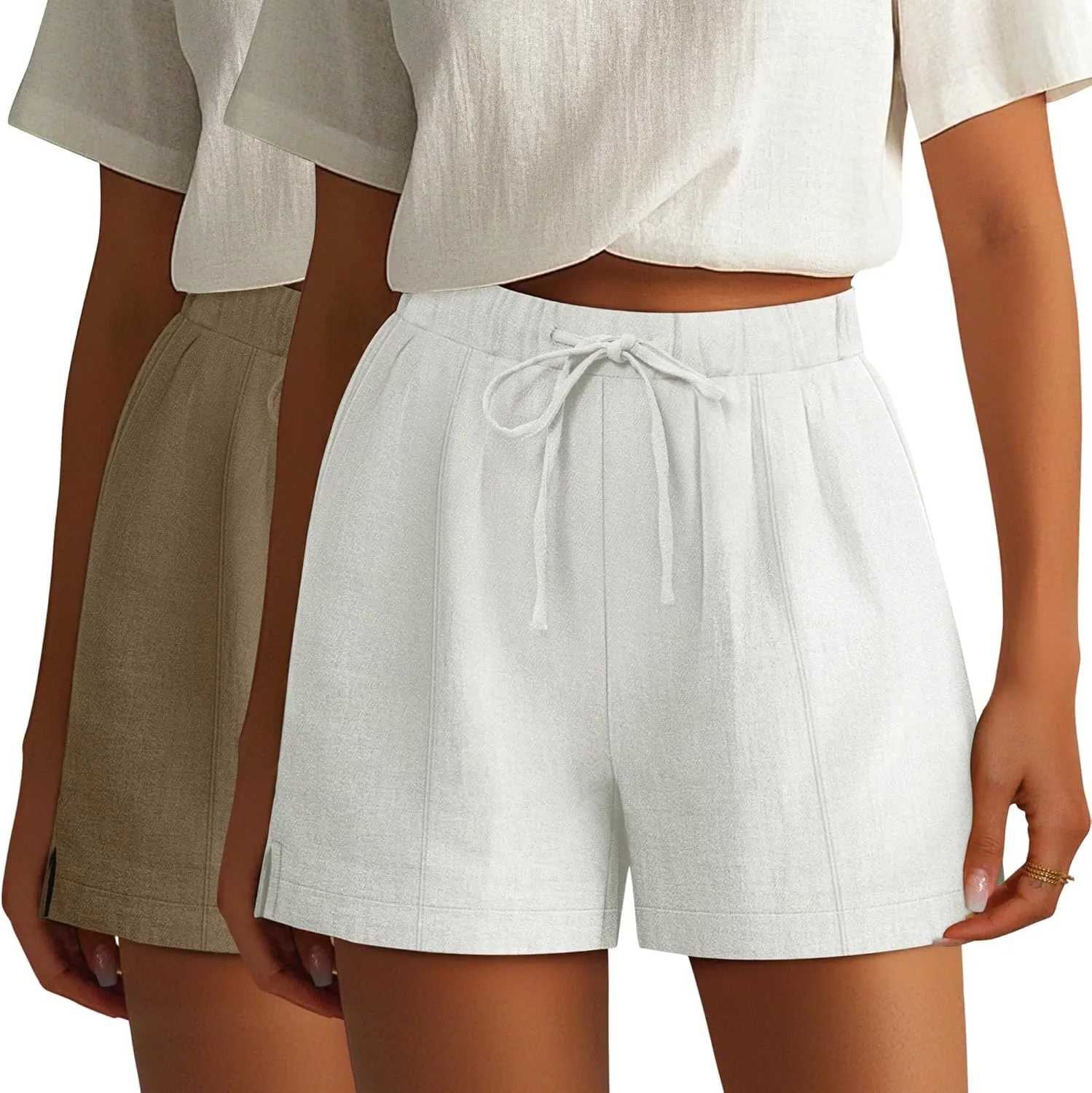 Riyiper 2 Pack Casual Linen Shorts for Women, Drawstring Elastic Waist Split Side Summer Line Comfy Lounge Short with Pocket