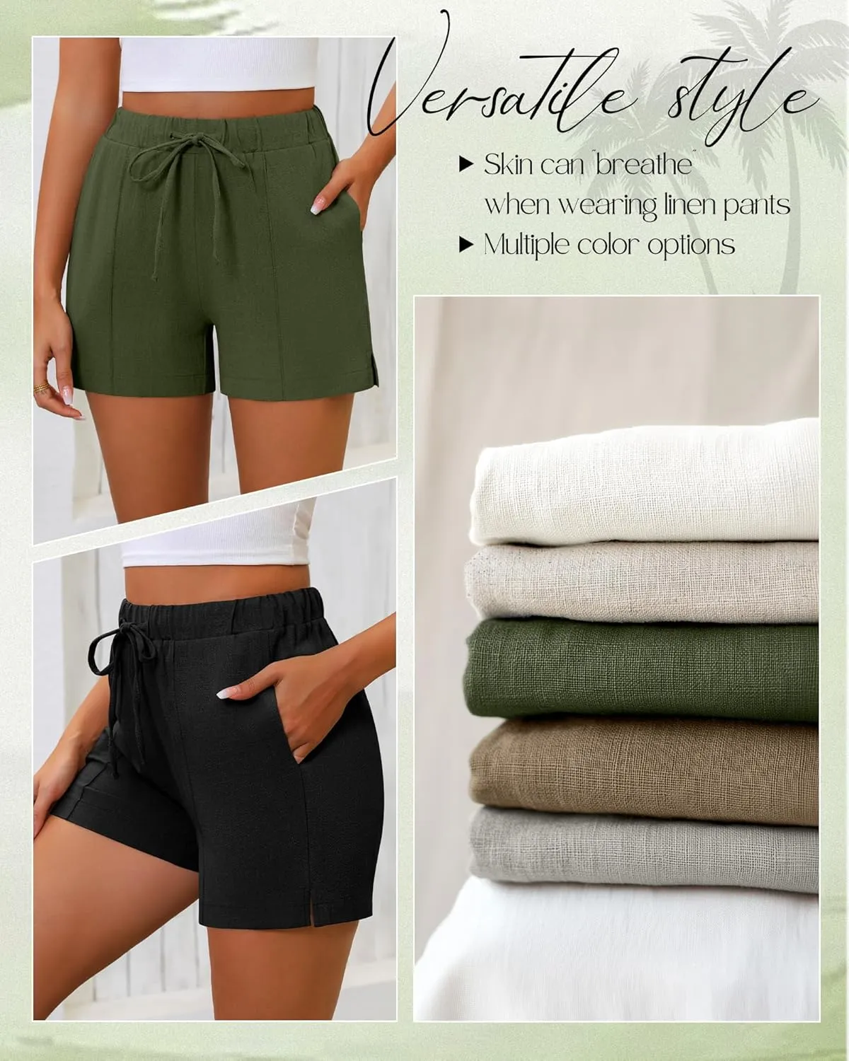 Riyiper 2 Pack Casual Linen Shorts for Women, Drawstring Elastic Waist Split Side Summer Line Comfy Lounge Short with Pocket
