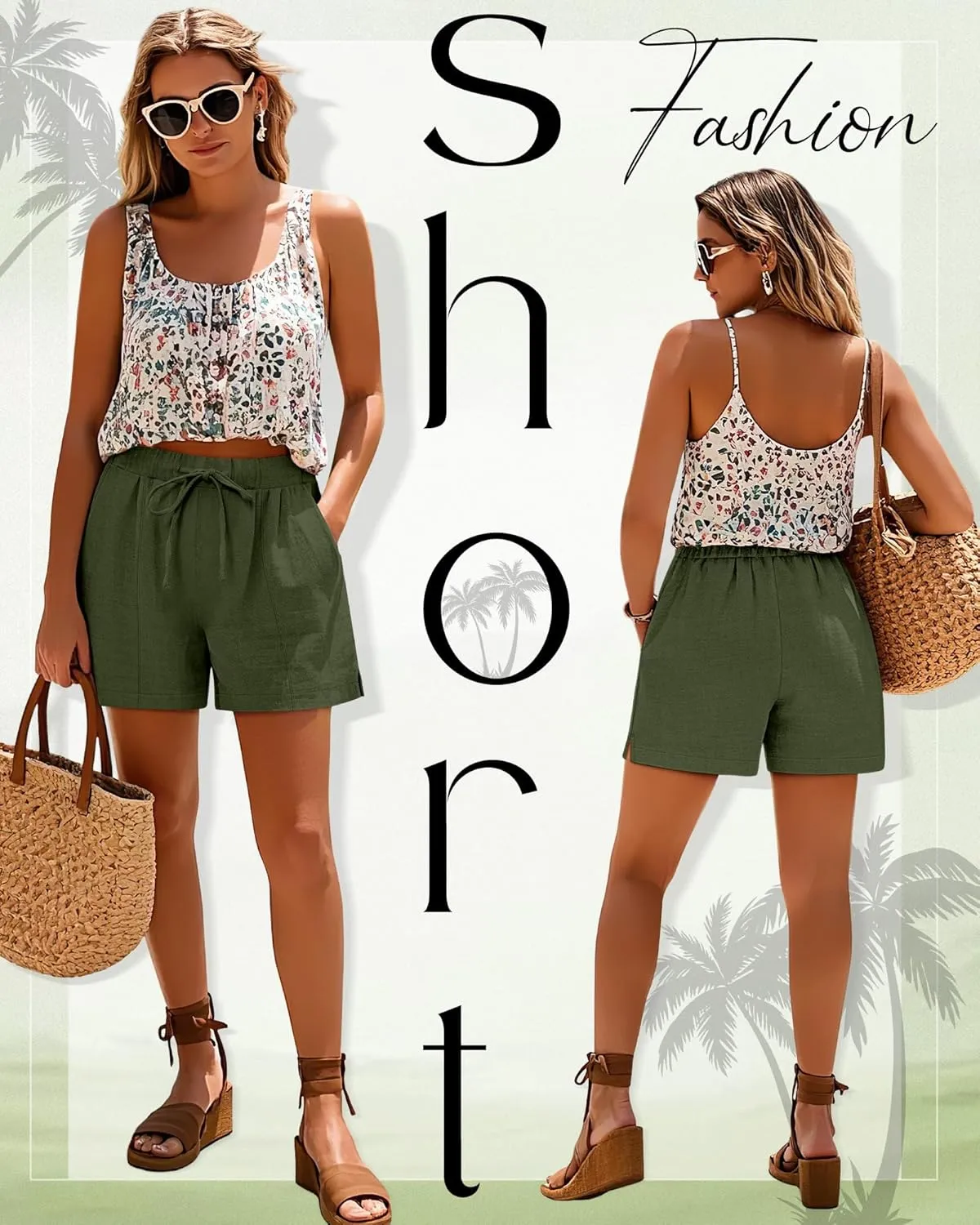 Riyiper 2 Pack Casual Linen Shorts for Women, Drawstring Elastic Waist Split Side Summer Line Comfy Lounge Short with Pocket