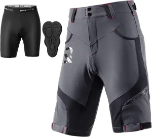 ROCK BROS Mens Mountain Bike Shorts with Detachable 4D Padded Liner, Hook-&-Loop Waist & Zipper Pocket Lightweight Baggy