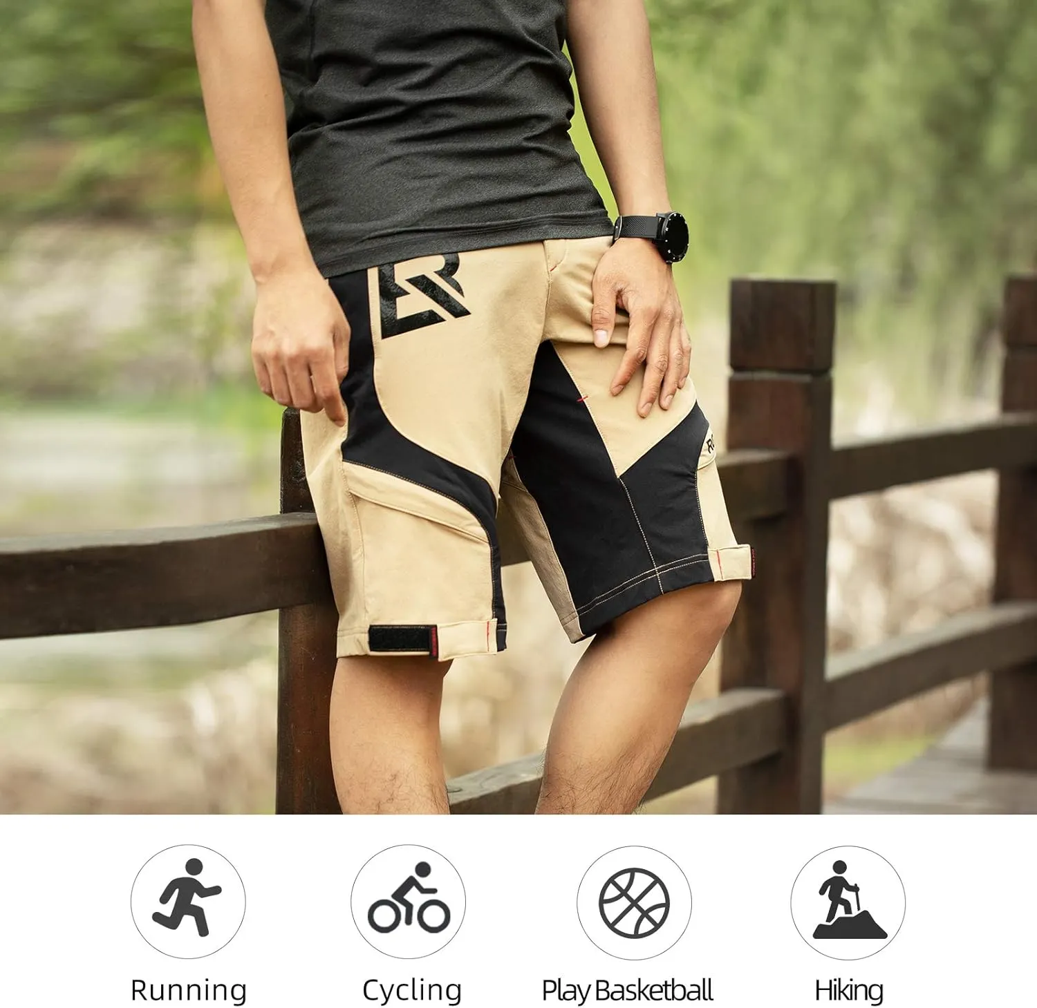 ROCK BROS Mens Mountain Bike Shorts with Detachable 4D Padded Liner, Hook-&-Loop Waist & Zipper Pocket Lightweight Baggy