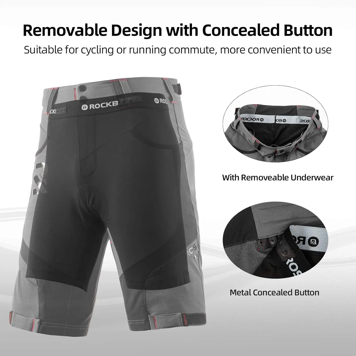 ROCK BROS Mens Mountain Bike Shorts with Detachable 4D Padded Liner, Hook-&-Loop Waist & Zipper Pocket Lightweight Baggy