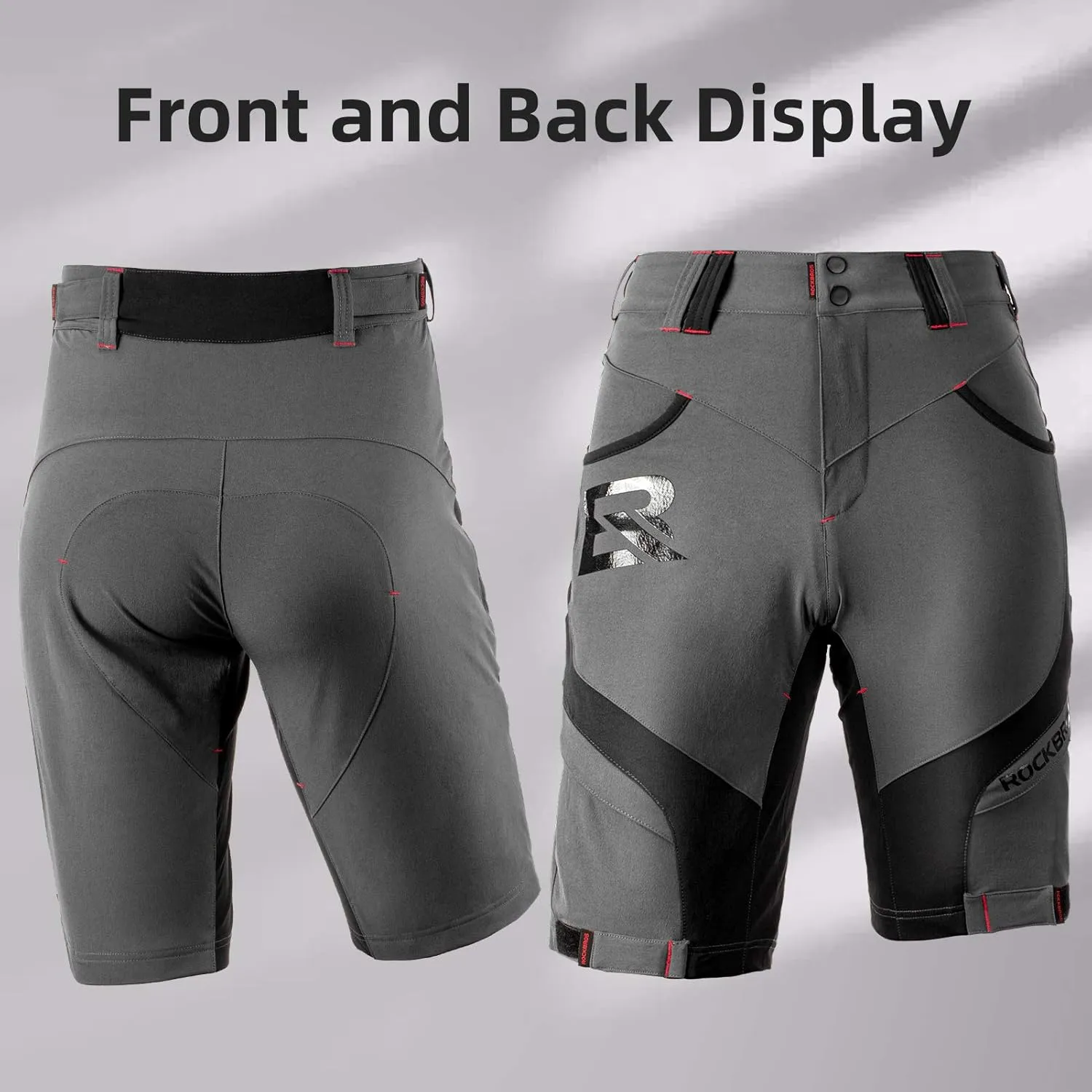 ROCK BROS Mens Mountain Bike Shorts with Detachable 4D Padded Liner, Hook-&-Loop Waist & Zipper Pocket Lightweight Baggy