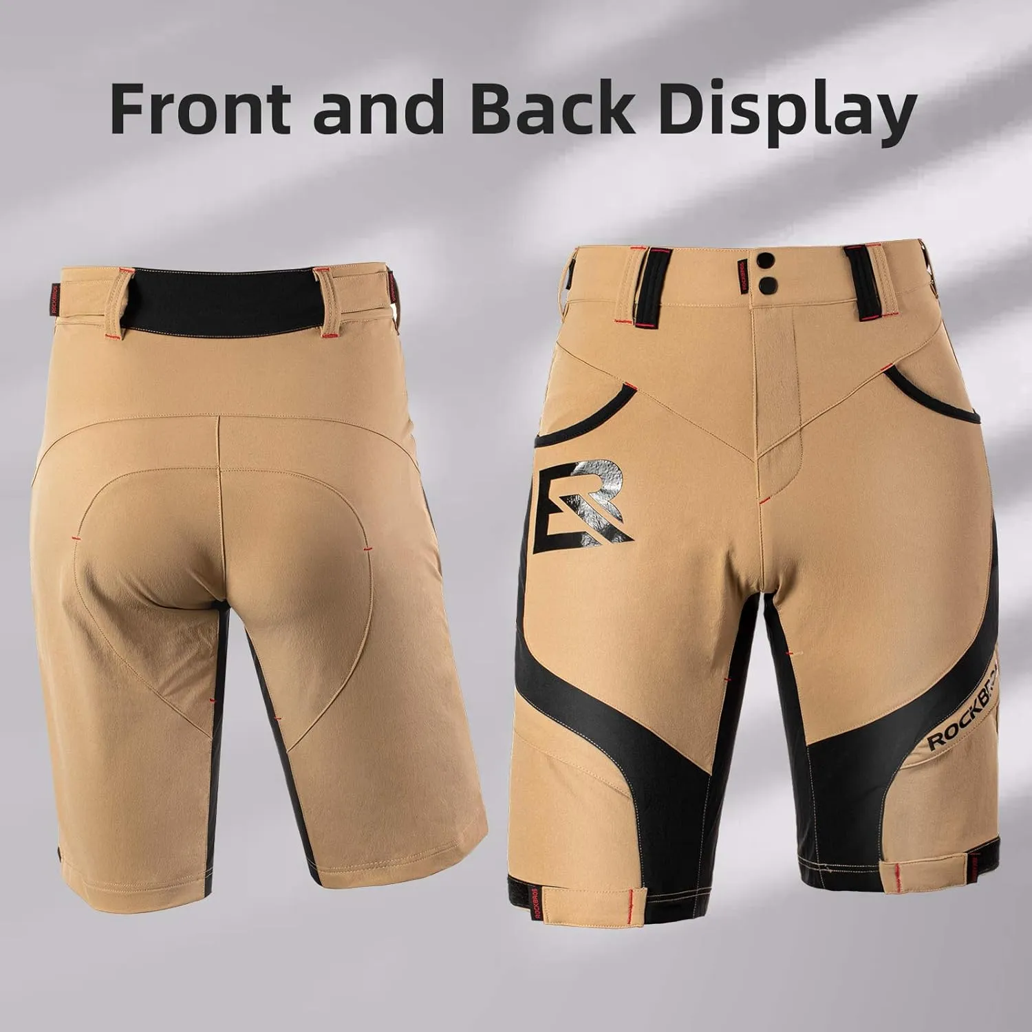 ROCK BROS Mens Mountain Bike Shorts with Detachable 4D Padded Liner, Hook-&-Loop Waist & Zipper Pocket Lightweight Baggy