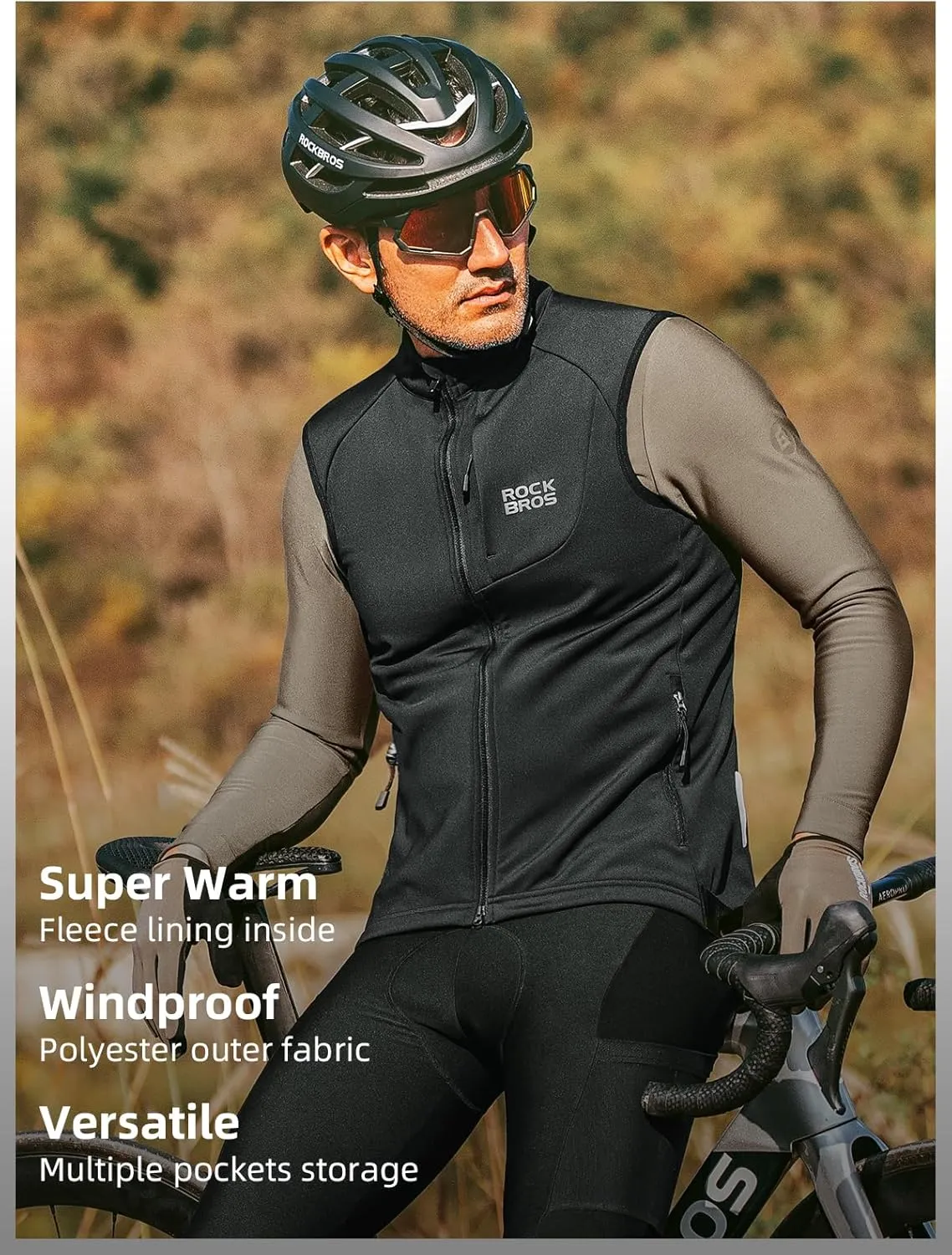 ROCKBROS Winter Cycling Vest for Men Windbreaker Sleeveless Cycling Jacket with Zipper Pockets Cycling Hiking Golf Sports