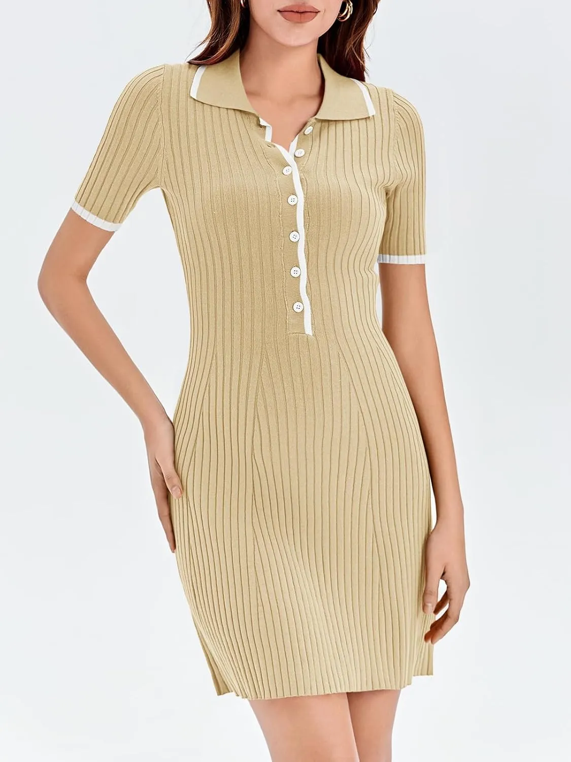 Saodimallsu Womens V Neck Short Sleeve Slim Fit Bodycon Sweater Dress Button Up Ribbed Knit Mini Summer Dresses
