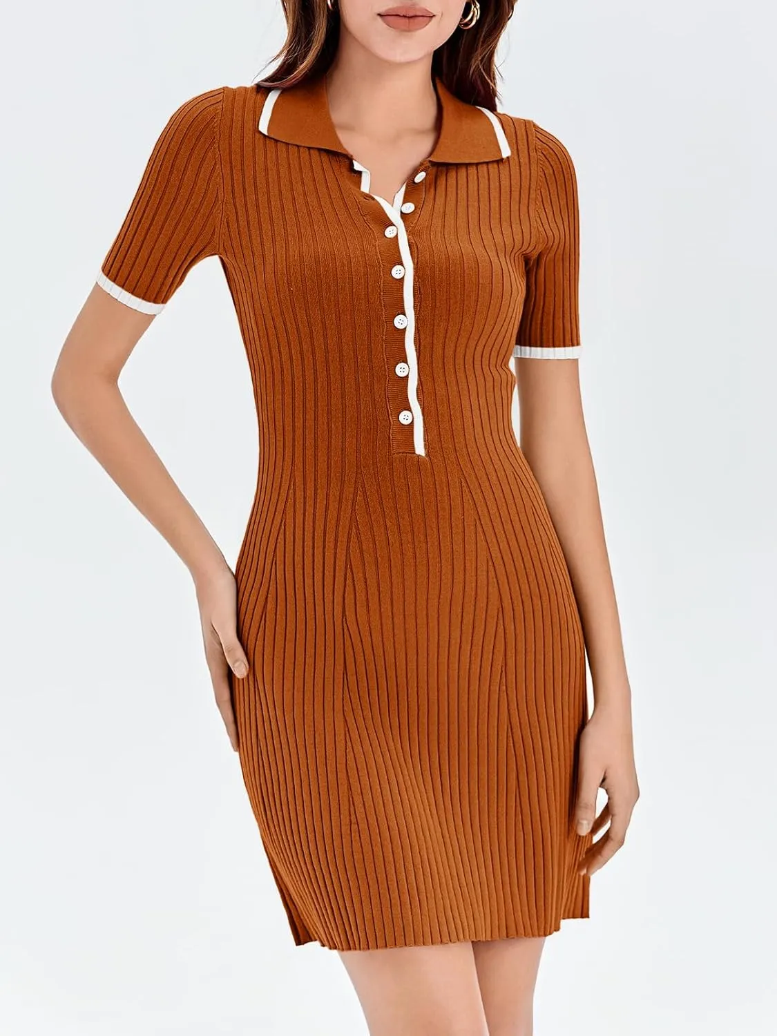 Saodimallsu Womens V Neck Short Sleeve Slim Fit Bodycon Sweater Dress Button Up Ribbed Knit Mini Summer Dresses