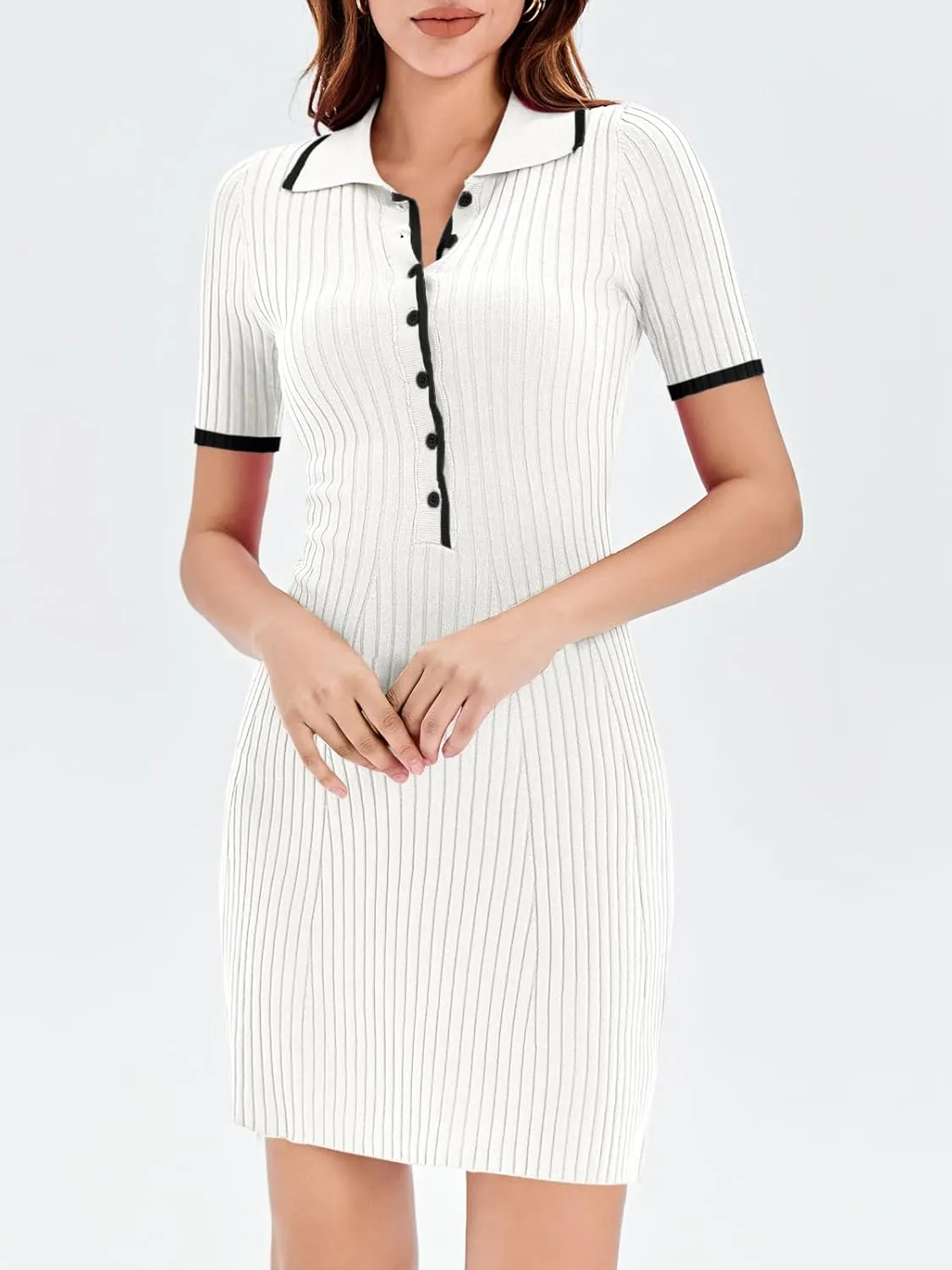 Saodimallsu Womens V Neck Short Sleeve Slim Fit Bodycon Sweater Dress Button Up Ribbed Knit Mini Summer Dresses