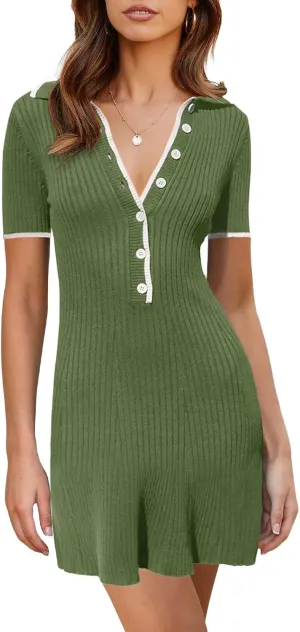 Saodimallsu Womens V Neck Short Sleeve Slim Fit Bodycon Sweater Dress Button Up Ribbed Knit Mini Summer Dresses