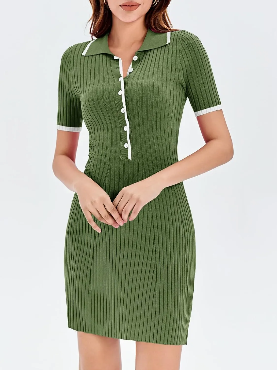 Saodimallsu Womens V Neck Short Sleeve Slim Fit Bodycon Sweater Dress Button Up Ribbed Knit Mini Summer Dresses