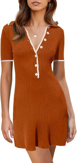 Saodimallsu Womens V Neck Short Sleeve Slim Fit Bodycon Sweater Dress Button Up Ribbed Knit Mini Summer Dresses