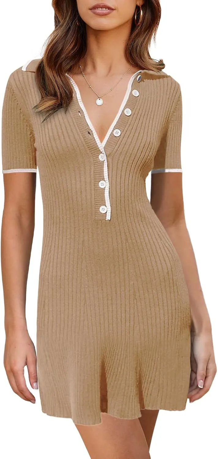 Saodimallsu Womens V Neck Short Sleeve Slim Fit Bodycon Sweater Dress Button Up Ribbed Knit Mini Summer Dresses
