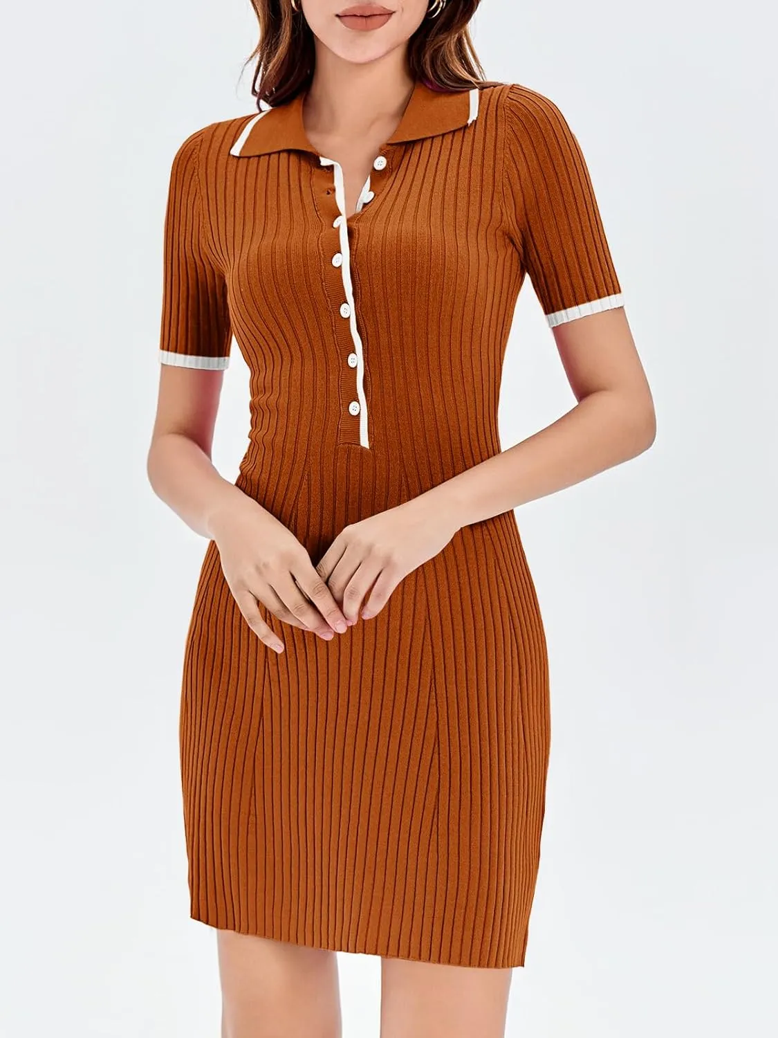 Saodimallsu Womens V Neck Short Sleeve Slim Fit Bodycon Sweater Dress Button Up Ribbed Knit Mini Summer Dresses