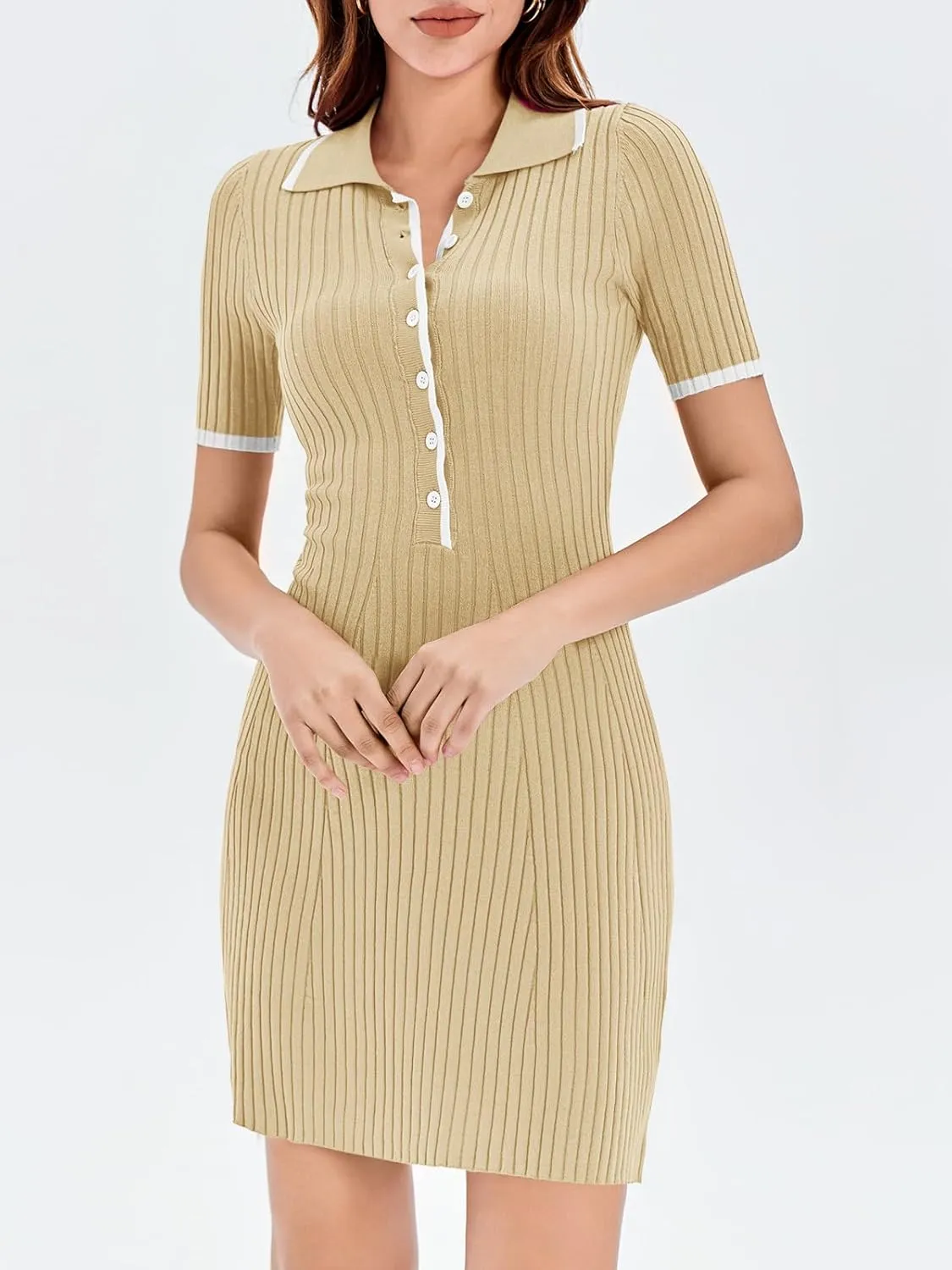 Saodimallsu Womens V Neck Short Sleeve Slim Fit Bodycon Sweater Dress Button Up Ribbed Knit Mini Summer Dresses