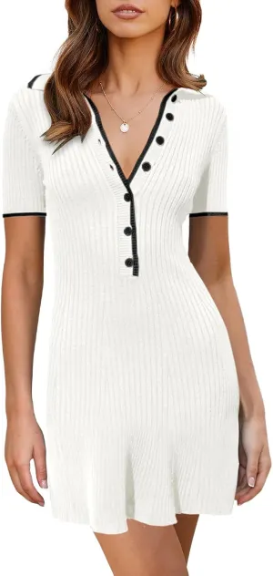 Saodimallsu Womens V Neck Short Sleeve Slim Fit Bodycon Sweater Dress Button Up Ribbed Knit Mini Summer Dresses