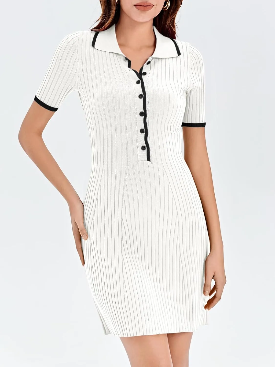 Saodimallsu Womens V Neck Short Sleeve Slim Fit Bodycon Sweater Dress Button Up Ribbed Knit Mini Summer Dresses