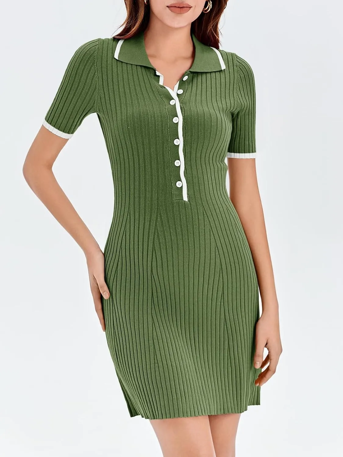 Saodimallsu Womens V Neck Short Sleeve Slim Fit Bodycon Sweater Dress Button Up Ribbed Knit Mini Summer Dresses
