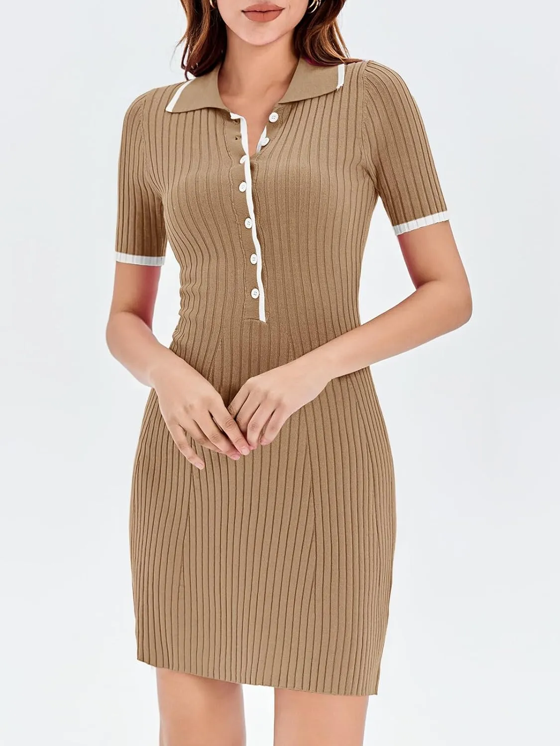 Saodimallsu Womens V Neck Short Sleeve Slim Fit Bodycon Sweater Dress Button Up Ribbed Knit Mini Summer Dresses