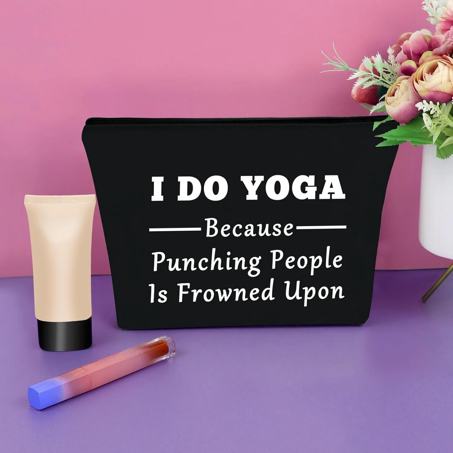 Sazuwu Yoga Themed Black Makeup Bag Funny Gifts for Yoga Instructor Women Teacher Training Cosmetic Bag Travel Pouch