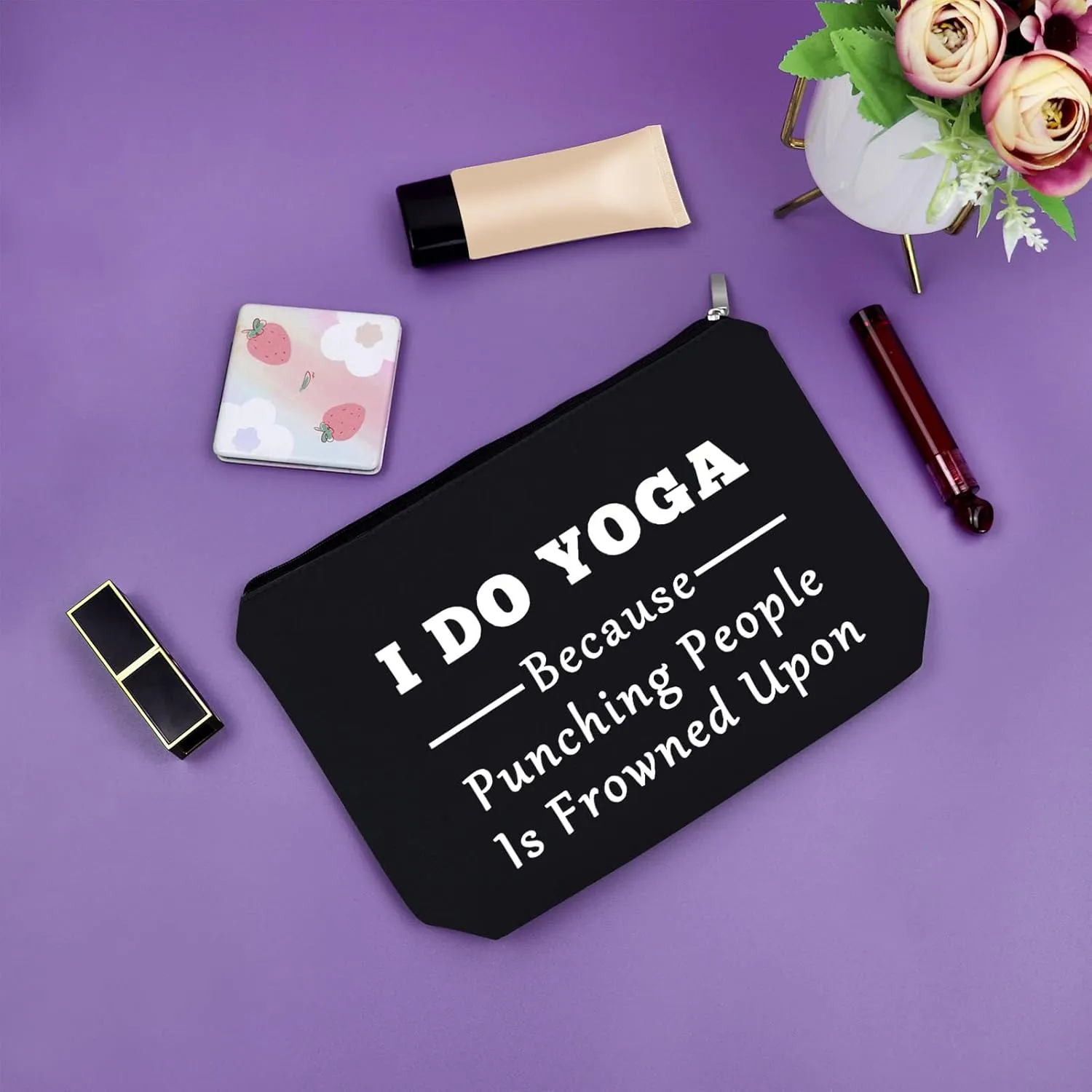 Sazuwu Yoga Themed Black Makeup Bag Funny Gifts for Yoga Instructor Women Teacher Training Cosmetic Bag Travel Pouch