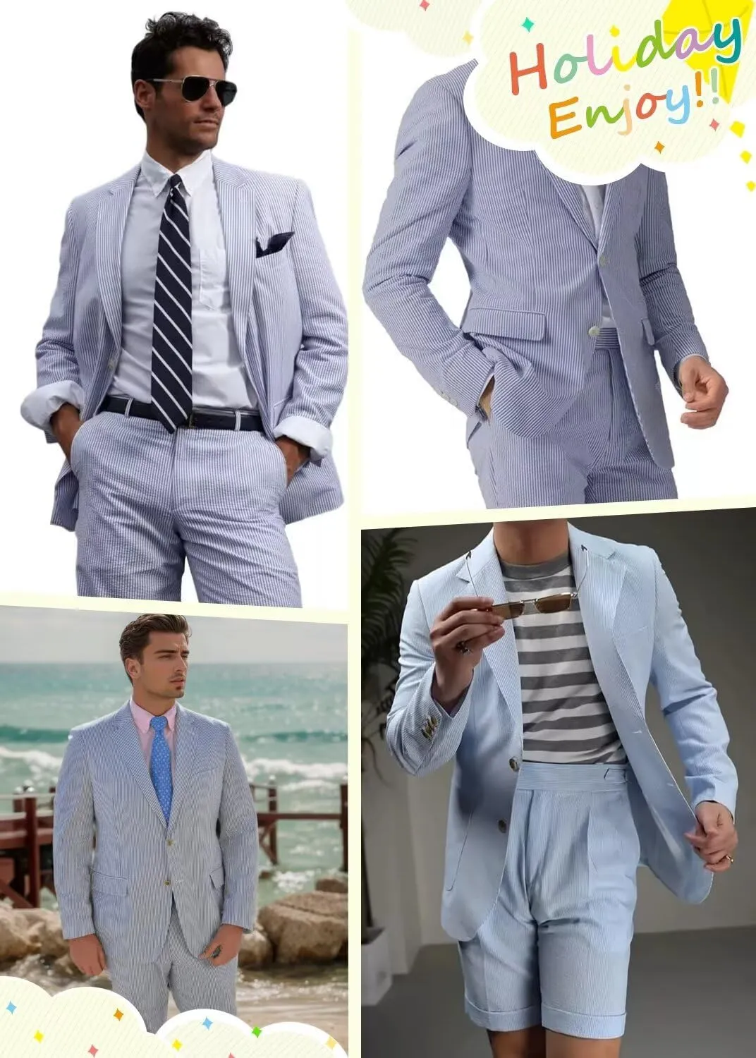 Seersucker Suit Mens Regular Fit Jacket Shorts Casual 2 Piece Pinstripe Suit Holiday Outfits for Summer Wedding