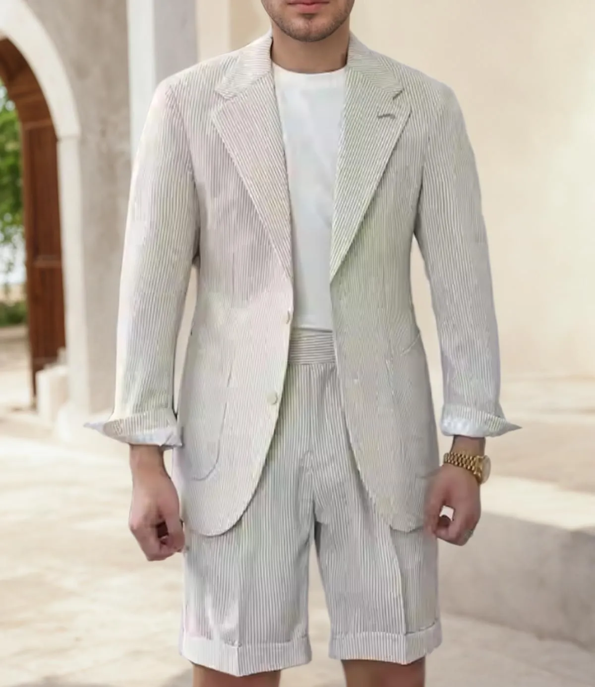 Seersucker Suit Mens Regular Fit Jacket Shorts Casual 2 Piece Pinstripe Suit Holiday Outfits for Summer Wedding