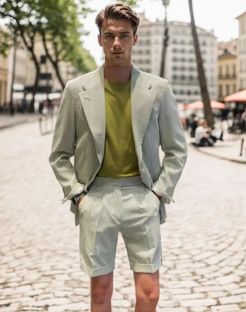 Seersucker Suit Mens Regular Fit Jacket Shorts Casual 2 Piece Pinstripe Suit Holiday Outfits for Summer Wedding