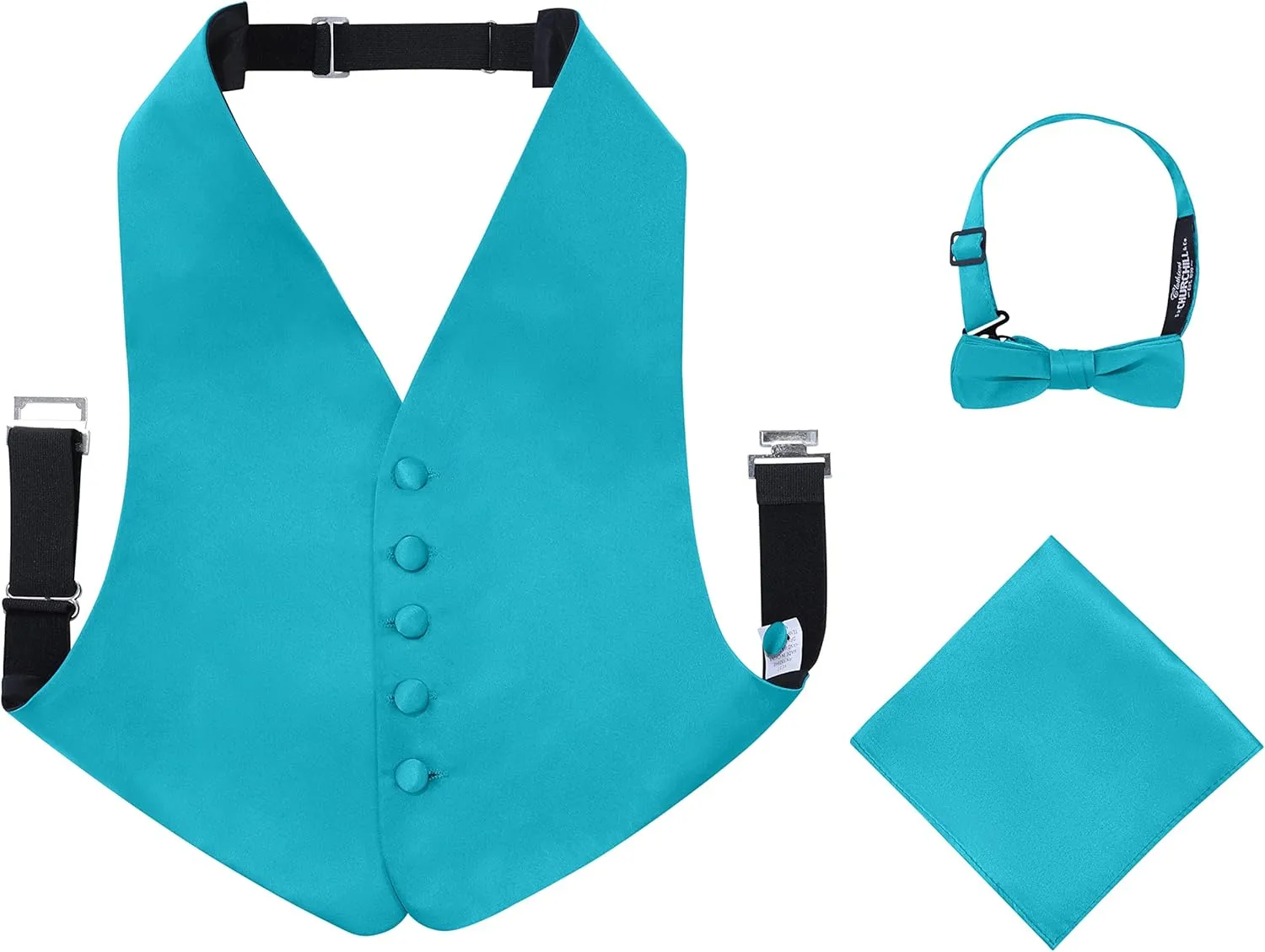 S.H. Churchill & Co. Boys 3 Piece Backless Formal Vest Set  Includes Vest, Bow Tie, Pocket Square for Tuxedo or Suit