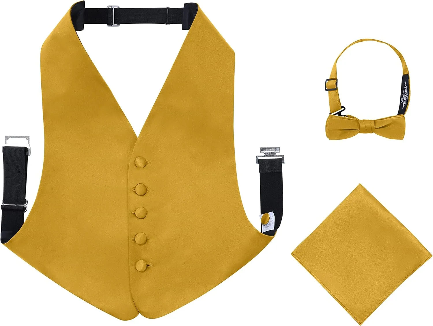 S.H. Churchill & Co. Boys 3 Piece Backless Formal Vest Set  Includes Vest, Bow Tie, Pocket Square for Tuxedo or Suit