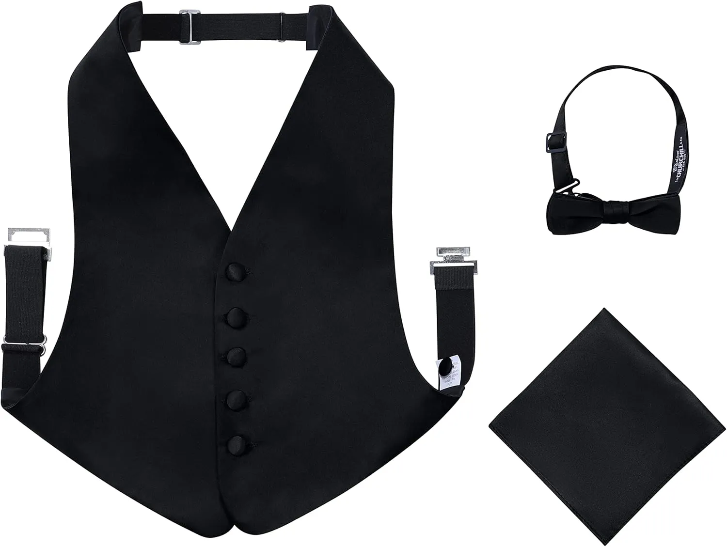 S.H. Churchill & Co. Boys 3 Piece Backless Formal Vest Set  Includes Vest, Bow Tie, Pocket Square for Tuxedo or Suit