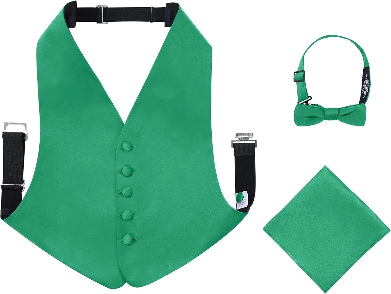 S.H. Churchill & Co. Boys 3 Piece Backless Formal Vest Set  Includes Vest, Bow Tie, Pocket Square for Tuxedo or Suit