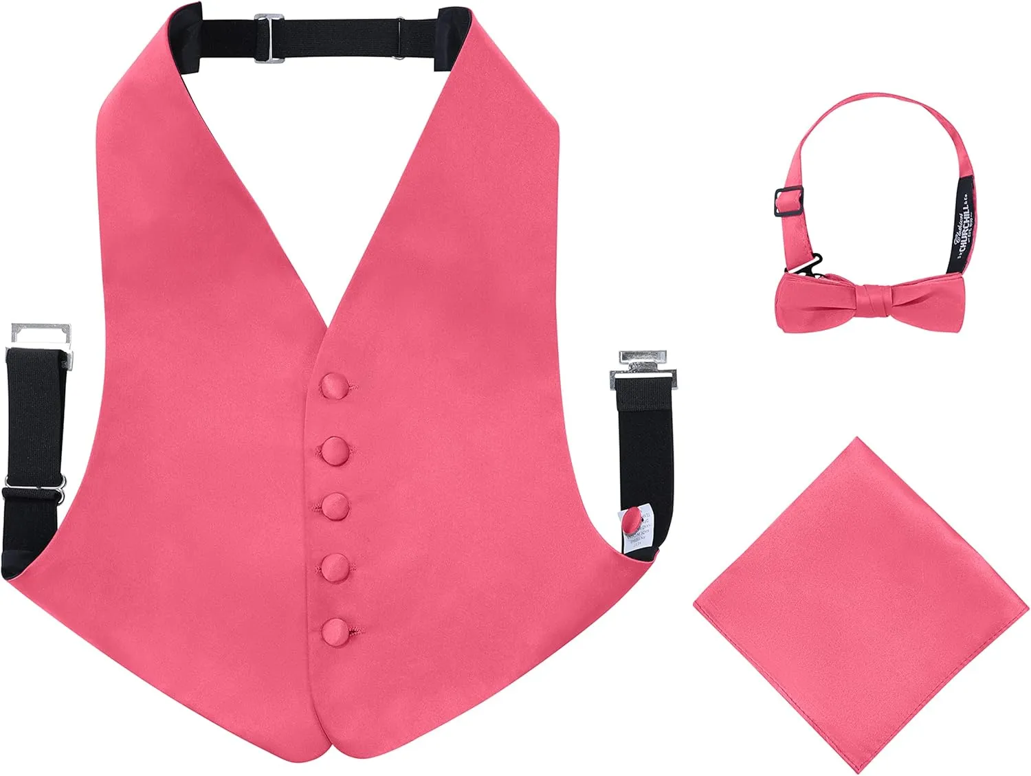 S.H. Churchill & Co. Boys 3 Piece Backless Formal Vest Set  Includes Vest, Bow Tie, Pocket Square for Tuxedo or Suit