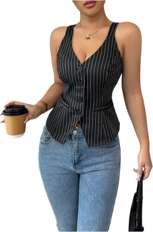 SHENHE Women's Vintage Button Up Waistcoat Vest Sleeveless Pinstripe Suit Blazer Business Top
