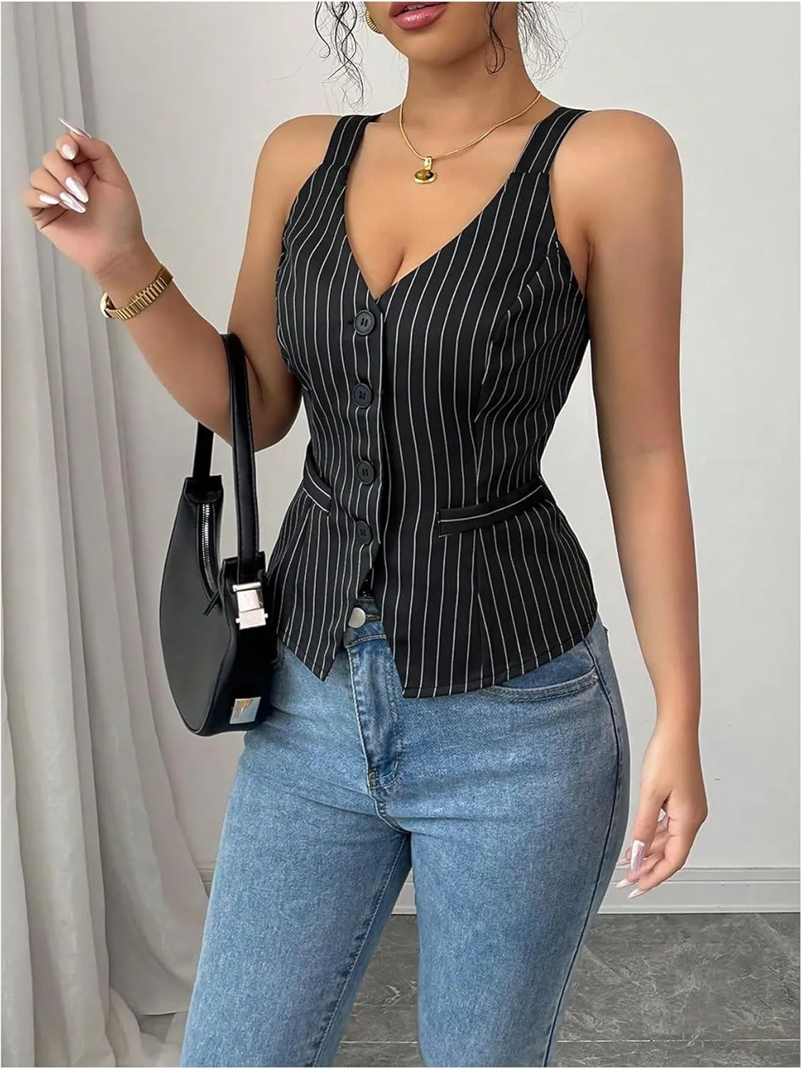 SHENHE Women's Vintage Button Up Waistcoat Vest Sleeveless Pinstripe Suit Blazer Business Top