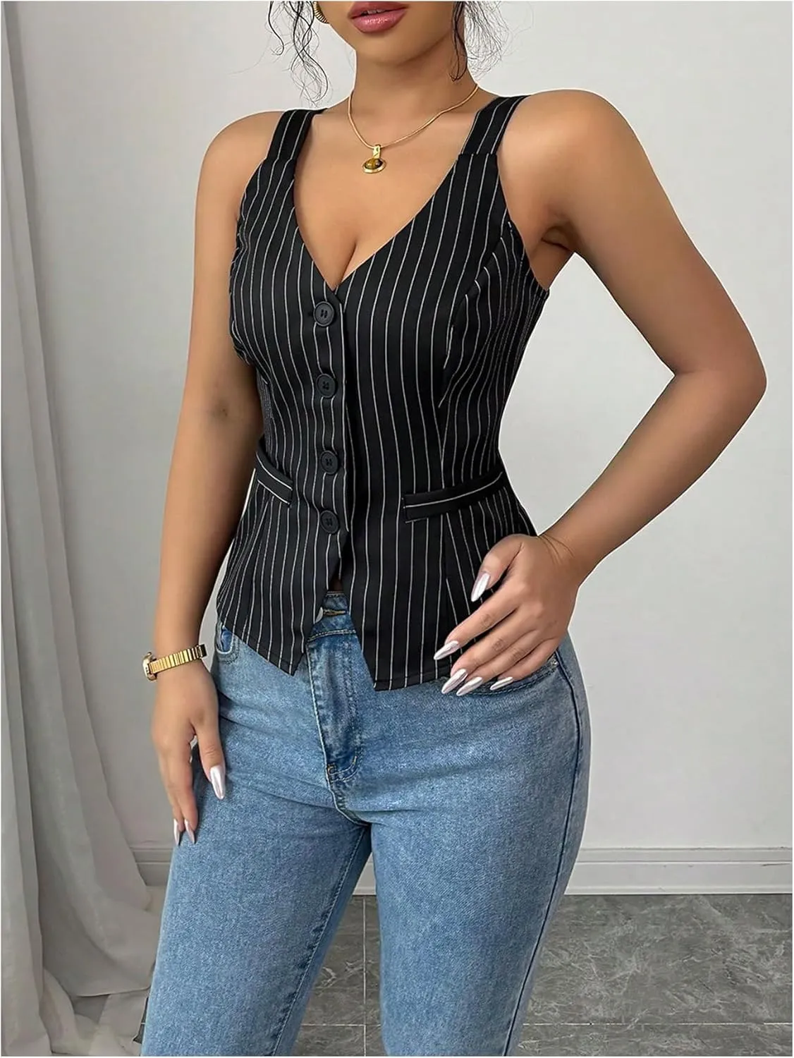 SHENHE Women's Vintage Button Up Waistcoat Vest Sleeveless Pinstripe Suit Blazer Business Top