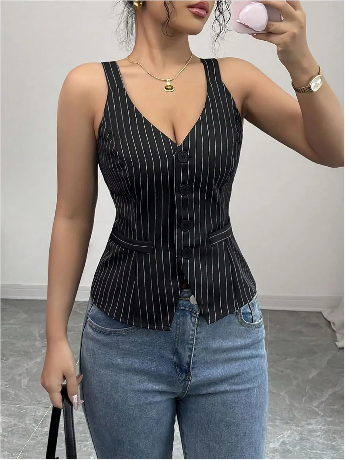 SHENHE Women's Vintage Button Up Waistcoat Vest Sleeveless Pinstripe Suit Blazer Business Top