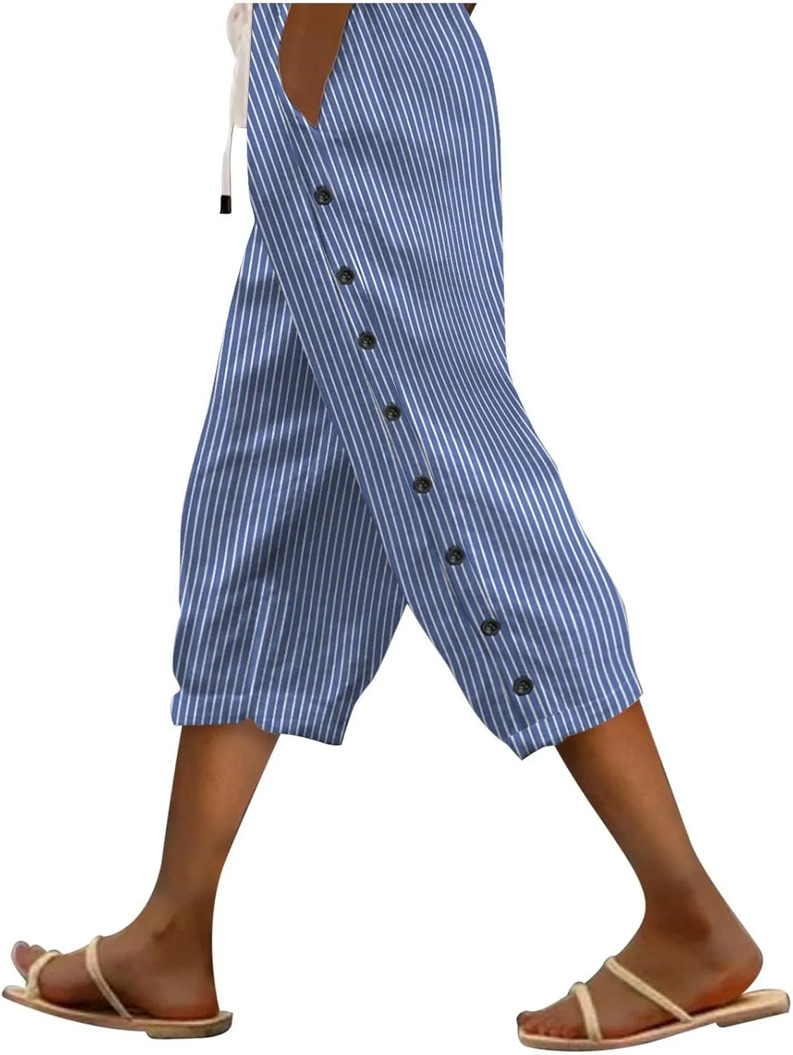 Striped Linen Capri Pants for Women 2025 Spring Summer Lightweight High Waist Drawstring Pants Comfy Cropped Trousers